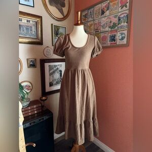 d.RA Ruth Dress – Brown Taupe Midi Puff Sleeve Terry Knit with Pockets